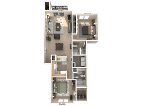 A floor plan of a house with a living room, kitchen, dining room, and two bedrooms